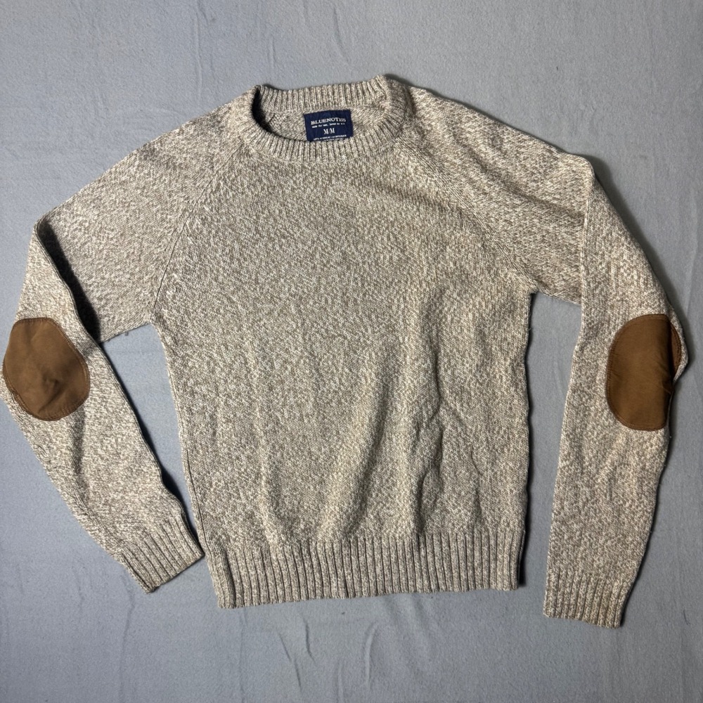 Bluenotes Mens Medium Oatmeal Marled Crew Neck Sweater Elbow Patches RN 73023‎